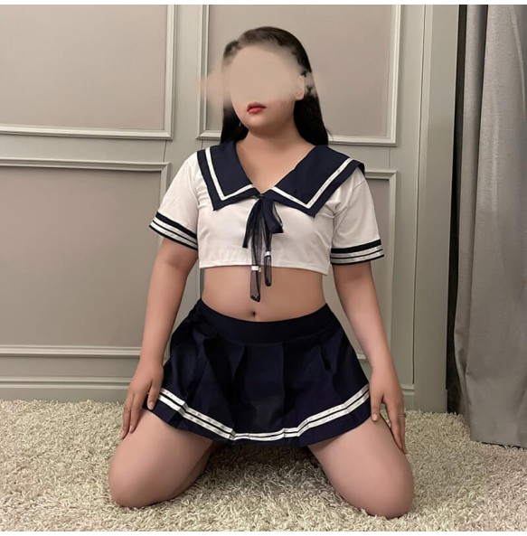 FEE ET MOI - Innocent Waist-revealing Schoolgirl Uniform (Plus Size - Blue)